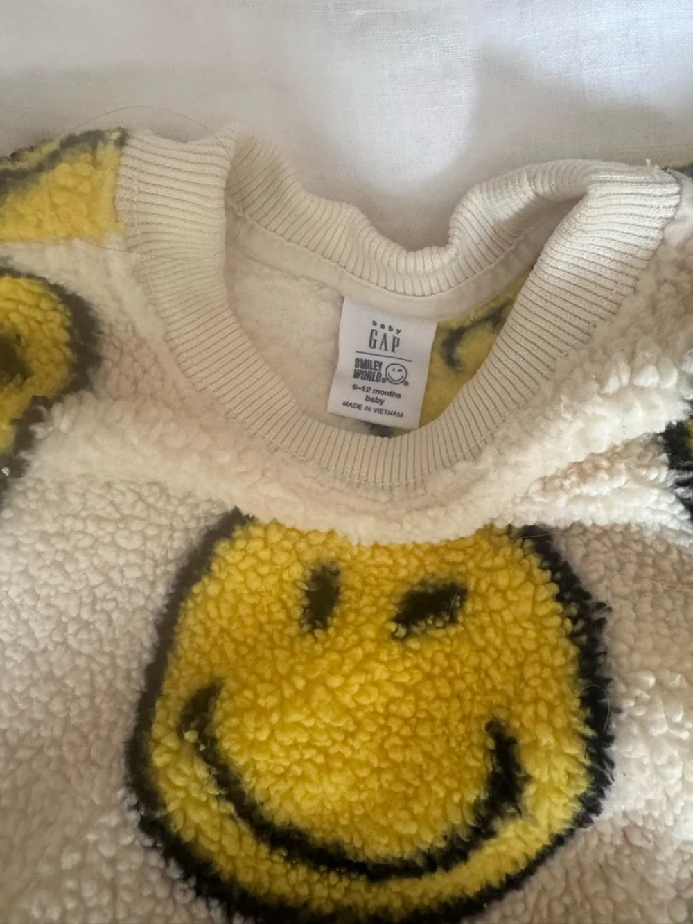 GAP Cream Sherpa Pullover with Yellow Smiley Face